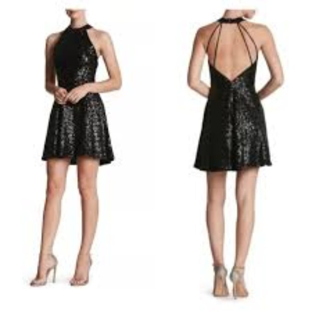 DRESS THE POPULATION: BLACK SEQUIN BACKLESS SLEEVELESS  COCTAIL DRESS SIZE XS